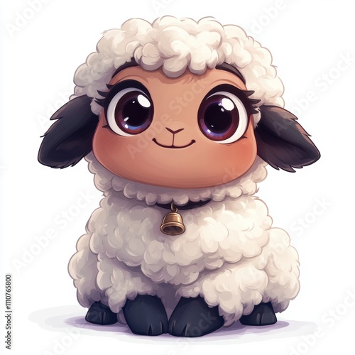 Adorable Cartoon Sheep Character with Soft Fur, Big Eyes, and a Bell, Perfect for Children's Artwork, Merchandise, or Animation Projects photo