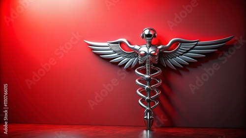 Robotic Caduceus Symbol on Red Background: A Fusion of Robotics and Medical Practice in a Minimalist Design with Ample Copy Space for Health and Technology Themes photo