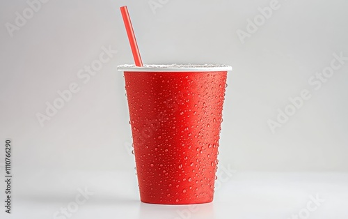 Fountain Drink Cup with a straw, condensation droplets, on a white background.