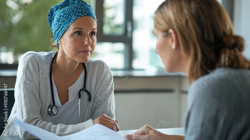 A healthcare professional discussing cancer prevention strategies with a patient in a clinical setting