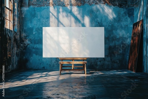 Rustic Concrete Room with Empty Canvas on Wooden Easel and Bench, Perfect for Displaying Artwork and Designs