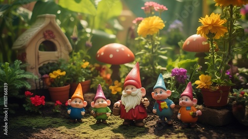 A photo of a playful garden with colorful garden gnome