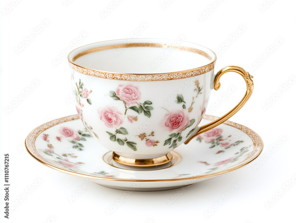 A delicate porcelain teacup and saucer, isolated on white A delicate porcelain teacup and saucer, isolated on white
