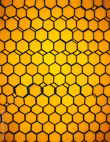 Stained gold tiled wall hexagon pattern texture background, pop-art