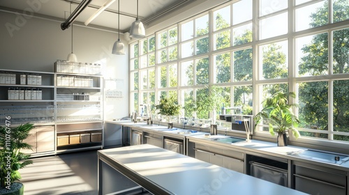 A laboratory room with large windows, allowing natural light to enhance the workspace