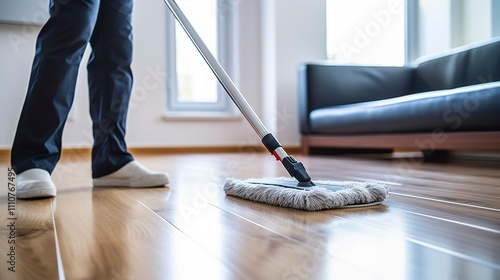 A photo of a professional cleaner dusting off baseboa photo