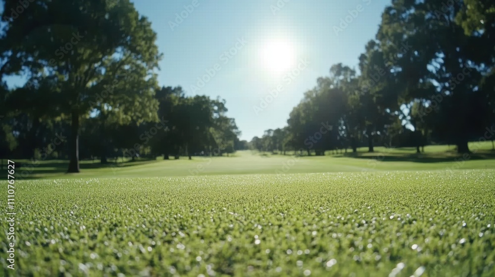 A Scenic View of a Lush Green Golf Course with Sunlight Shining Through Trees, Perfect for Outdoor Recreation and Sports Photography A Scenic View of a Lush Green Golf Course with Sunlight Shining Through Trees, Perfect for Outdoor Recreation and Sports Photography