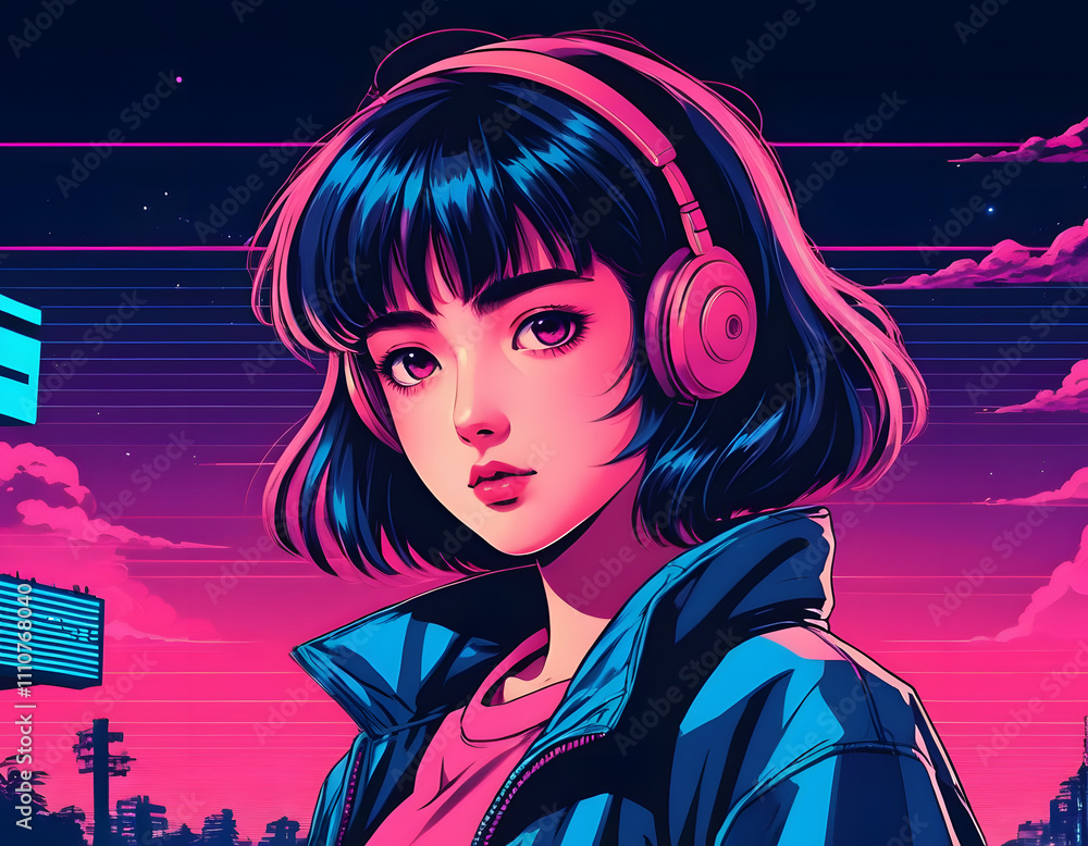 Synthwave girl with headphones Synthwave girl with headphones