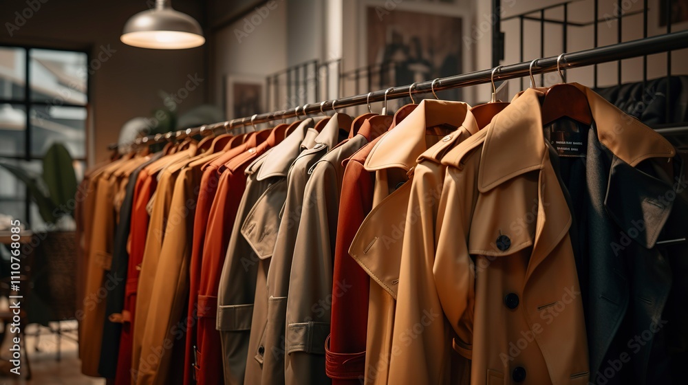 Obraz premium A photo of a rack of classic trench coats in a boutique