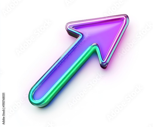 Here's a description and keywords for your image.. 3D neon arrow pointing upward, vibrant purple and teal.