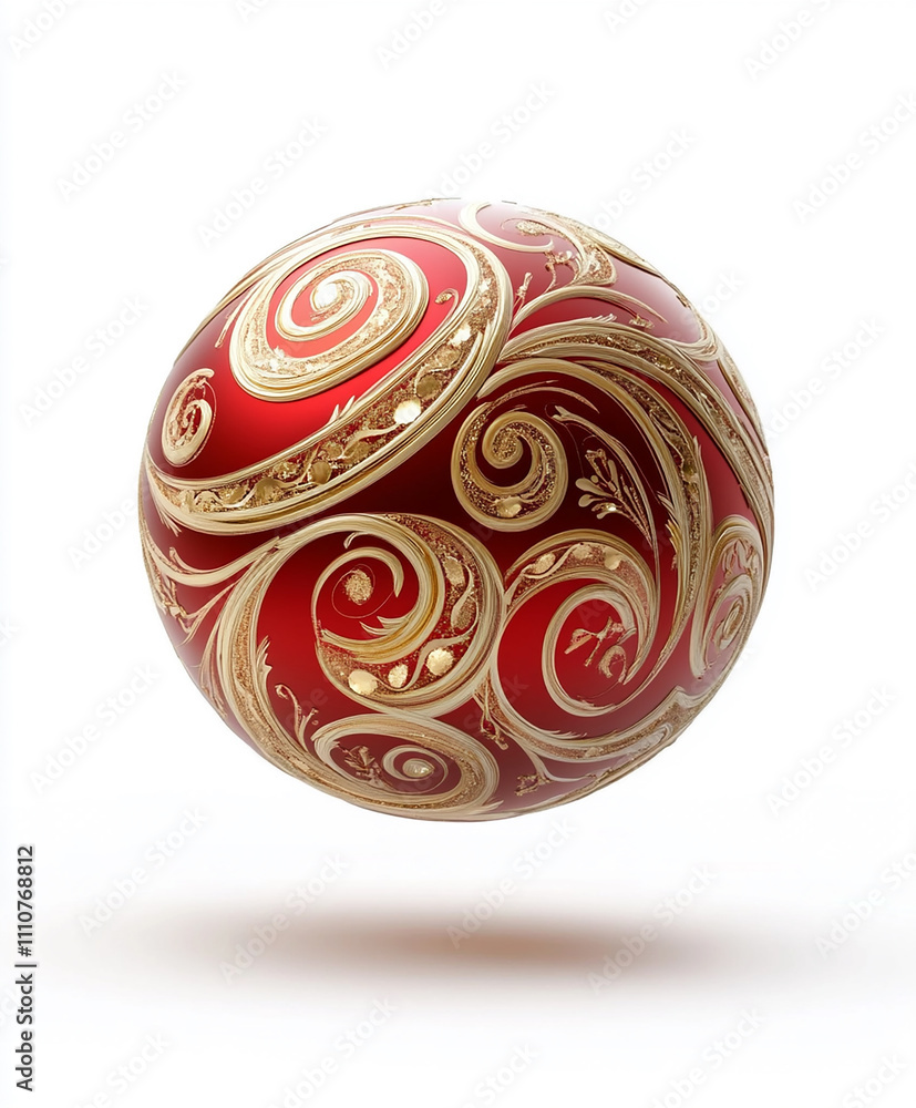 Red gold Christmas bauble intricate swirling patterns isolated on a white background Red gold Christmas bauble intricate swirling patterns isolated on a white background