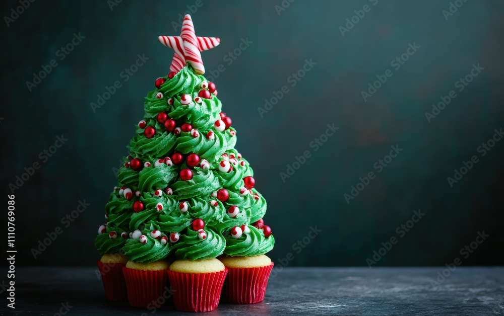 A Christmas tree crafted from layers of cupcakes frosted in green and red with a candy cane star on top A Christmas tree crafted from layers of cupcakes frosted in green and red with a candy cane star on top