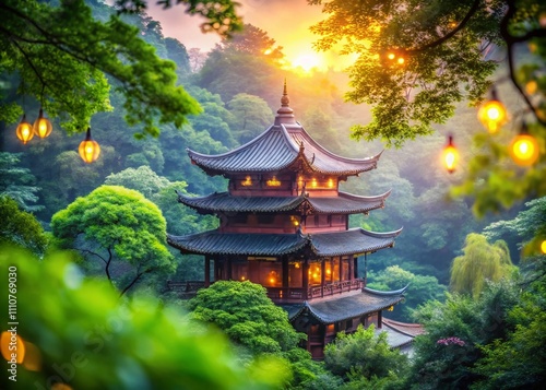 Serene Atmosphere of Lingyin Temple in Hangzhou Surrounded by Lush Nature and Captivating Bokeh Effect to Enhance the Tranquil Beauty of Ancient Architecture photo