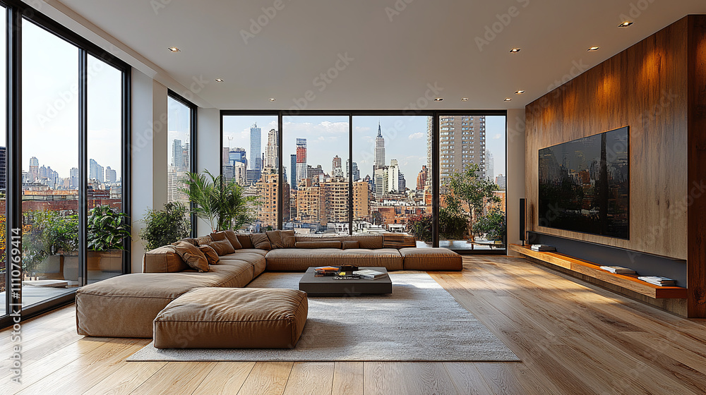 Modern City Apartment Living Room with Panoramic Views Modern City Apartment Living Room with Panoramic Views