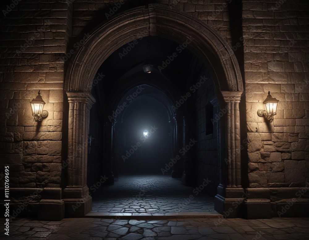 Fototapeta premium Gothic archway with illuminated electric lights bordering the dark stone facade, mysterious, dark stone