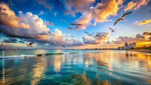 Serene Coastal Landscape with Smooth Blurred Water, Slim Land Horizon, Puffy White Clouds, and Sea Birds in Urban Exploration Photography