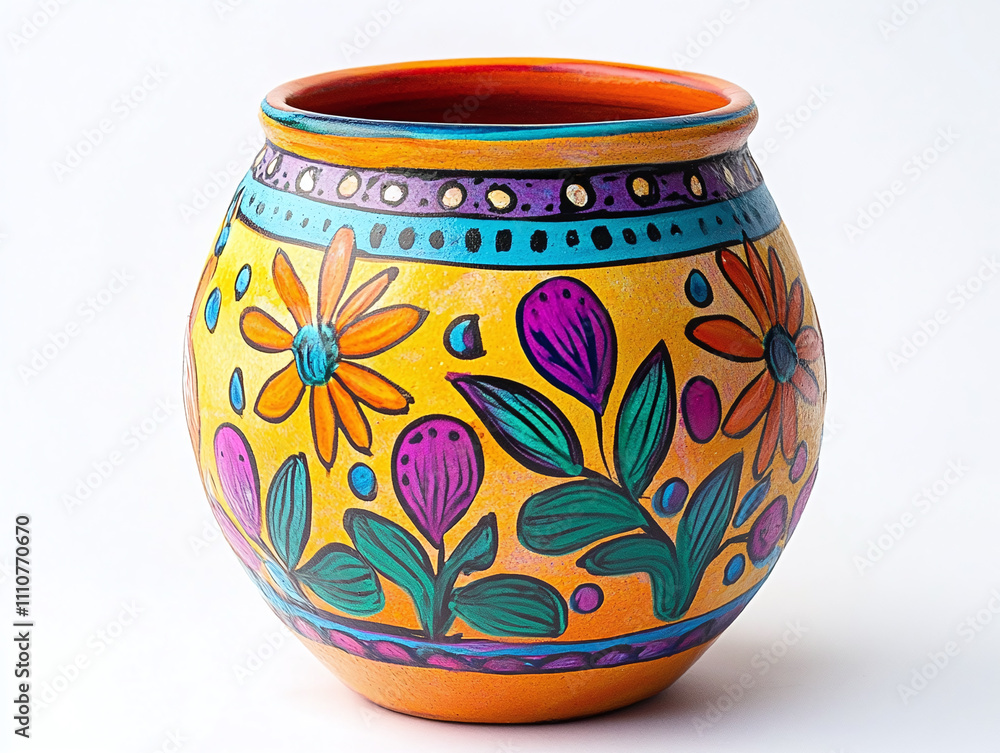 A hand-painted ceramic pot, vibrant and detailed, against white A hand-painted ceramic pot, vibrant and detailed, against white