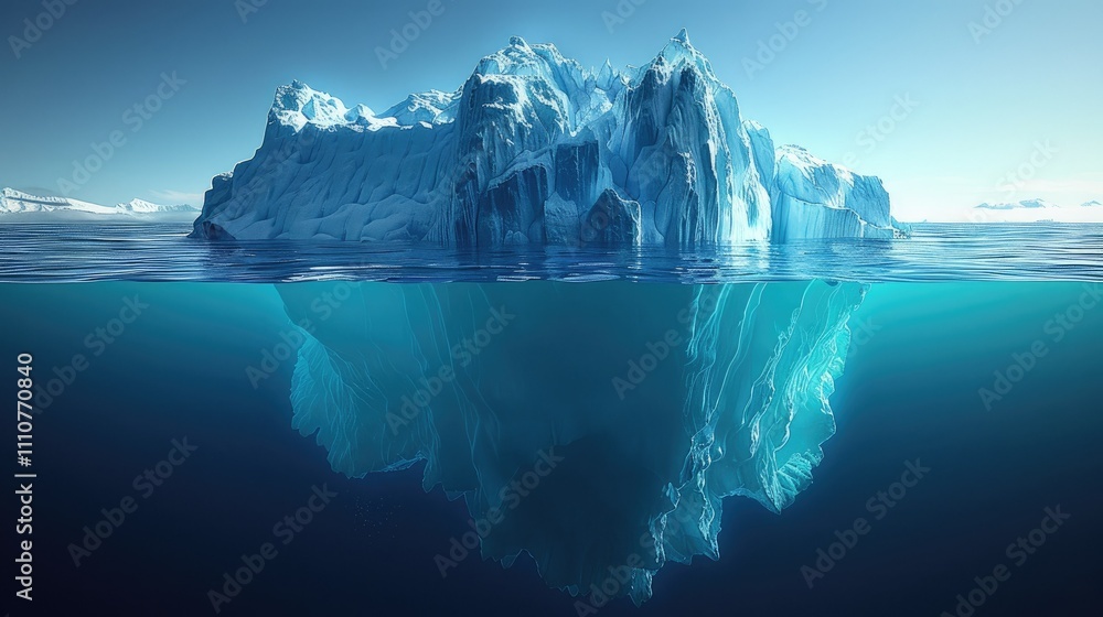 A majestic iceberg rises above and below the ocean surface, showcasing its stunning blue hues. A majestic iceberg rises above and below the ocean surface, showcasing its stunning blue hues.