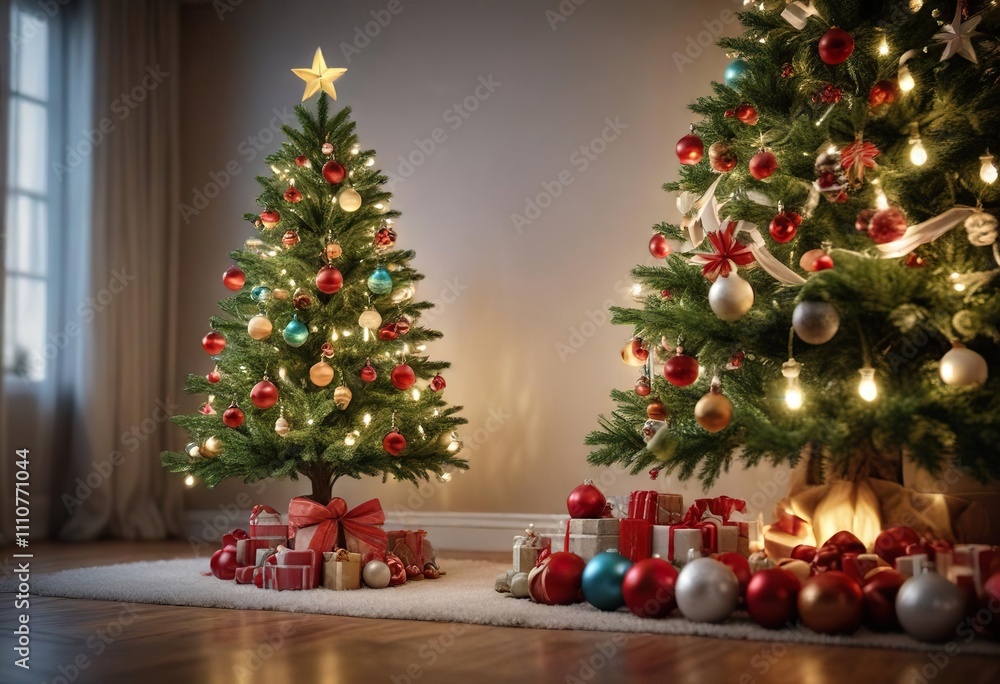 A Christmas tree decorated with ornaments and a single stocking , ornaments, hanging A Christmas tree decorated with ornaments and a single stocking , ornaments, hanging