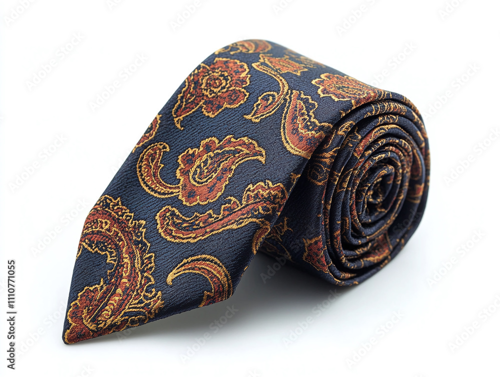A luxurious silk tie with a paisley pattern, neatly folded, on white A luxurious silk tie with a paisley pattern, neatly folded, on white