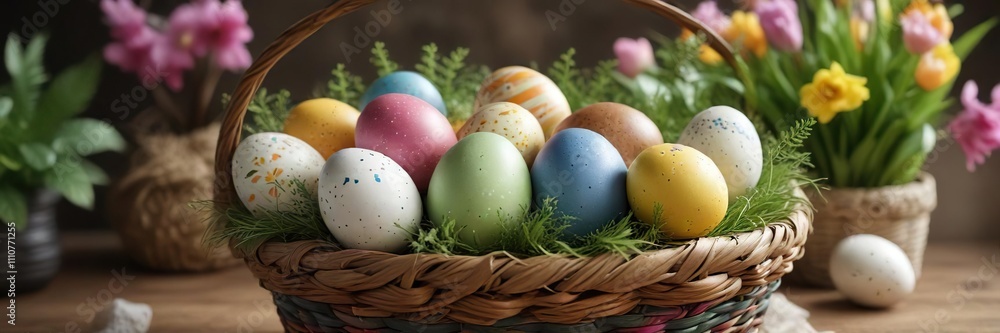 A colorful arrangement of Easter eggs in a woven basket with some greenery and flowers, colored eggs, easter eggs, holiday decor A colorful arrangement of Easter eggs in a woven basket with some greenery and flowers, colored eggs, easter eggs, holiday decor