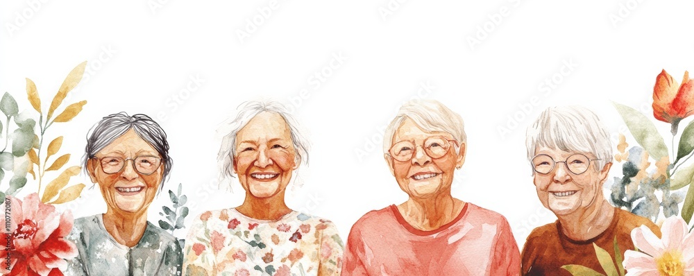 Healthy Aging. Four joyful elderly women smiling together, surrounded by colorful flowers, representing friendship and happiness. Healthy Aging. Four joyful elderly women smiling together, surrounded by colorful flowers, representing friendship and happiness.