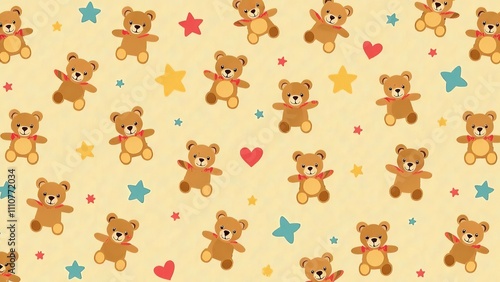 Wallpaper or packing paper texture teddy bear, hearts and stars pattern
