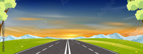 Sunset sky and cloud over Spring landscape with asphalt road, grass fields, mountain background,Cartoon Vector illustration nature landscape forest with highway road and green nature in summer