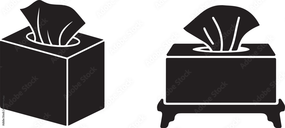Tissue box Icon set in black filled and line. Tissue box Icon set in black filled and line.