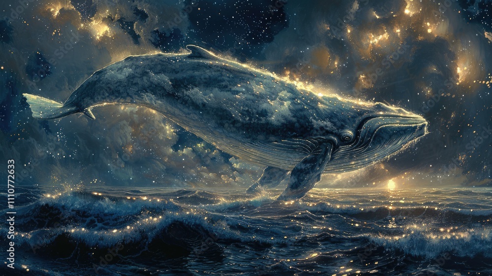 Fototapeta premium A majestic whale swimming through a starry ocean, blending nature with cosmic elements.