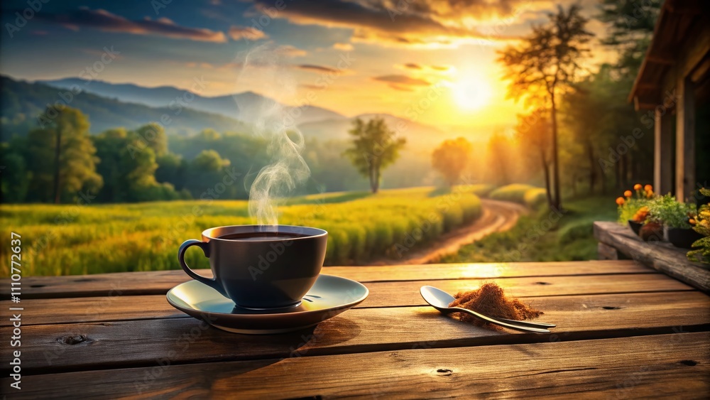 Serene Morning Vibes: A Steaming Cup of Black Coffee Poured on a Rustic Wood Table with Soft Natural Light Enhancing the Cozy Atmosphere of a Tranquil Home Setting Serene Morning Vibes: A Steaming Cup of Black Coffee Poured on a Rustic Wood Table with Soft Natural Light Enhancing the Cozy Atmosphere of a Tranquil Home Setting