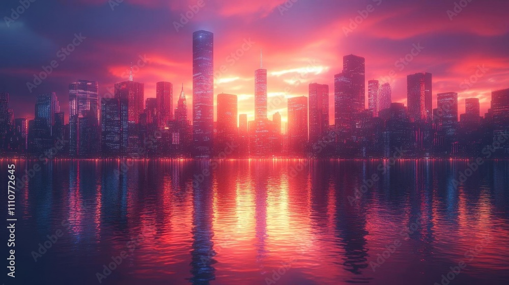 Fototapeta premium Cityscape with Red Sunset and Water Reflection
