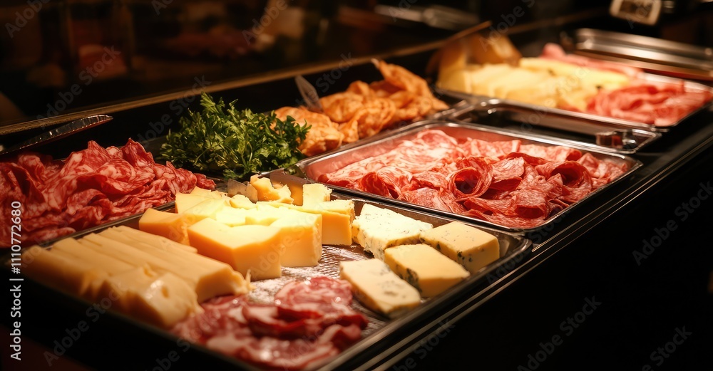 Obraz premium Raclette Cheese and Meats. AI generated illustration.