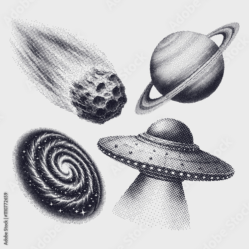 galaxy elements set, retro halftone style space illustration, comet, planet, UFO, spiral galaxy