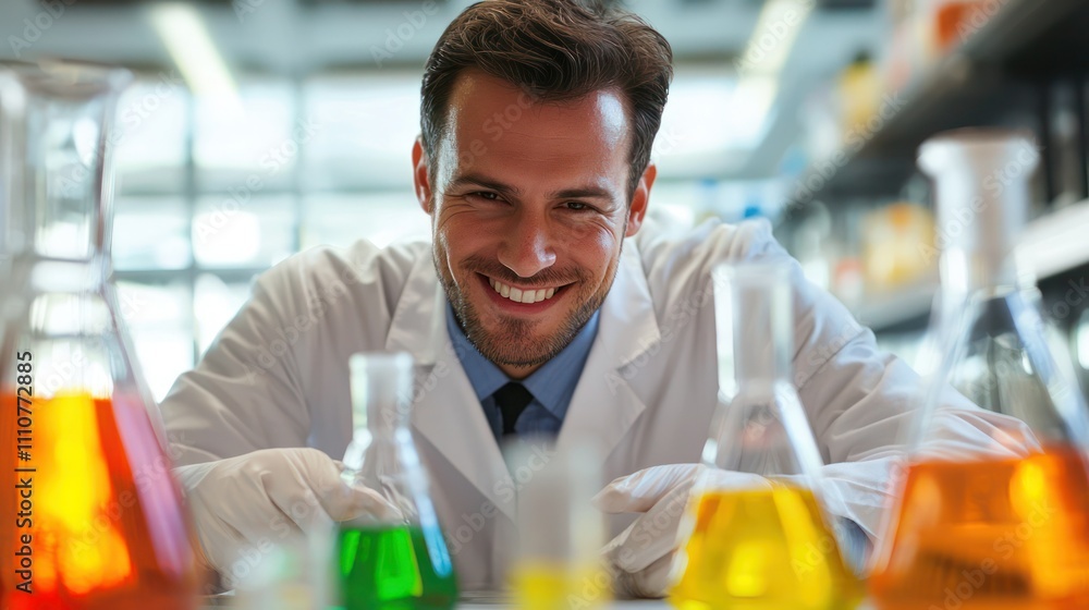 A scientist in a lab coat conducting experiments while smiling at the camera A scientist in a lab coat conducting experiments while smiling at the camera