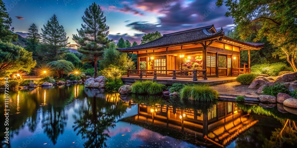 Obraz premium Serene Night Photography of a Teahouse in Boulder, Colorado, Capturing Tranquil Atmosphere with Soft Lighting and Cozy Ambiance Surrounded by Nature's Beauty
