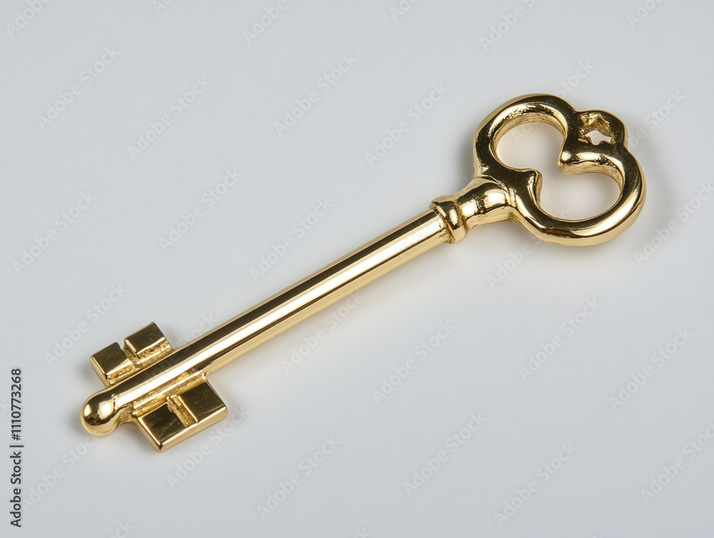 A shiny gold key, reflecting light, against a white backdrop A shiny gold key, reflecting light, against a white backdrop