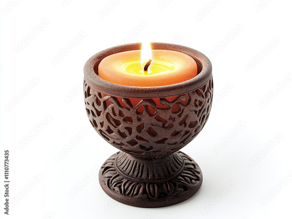A single candle in a decorative holder, softly glowing, isolated on white A single candle in a decorative holder, softly glowing, isolated on white