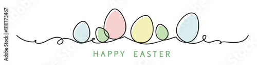 One line drawing. Abstract decorative horizontal divider with easter color eggs. Beautiful hand drawn easter eggs. Happy easter text. Border design element. Vector stock illustration.