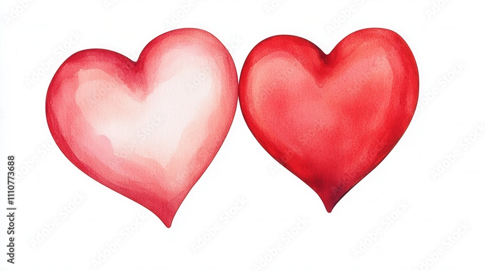 Obraz premium Valentine romance and handmade, Two watercolor hearts, one red and one light pink, symbolize love and affection, perfect for romantic themes.