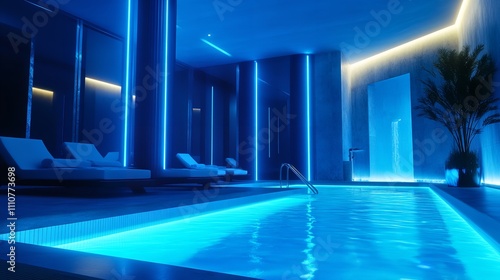 Blue lighting illuminating the pool of a newly built hotel