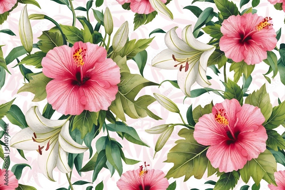 Obraz premium Watercolor leaves and flowers, botanical illustration. Floral seamless pattern. 