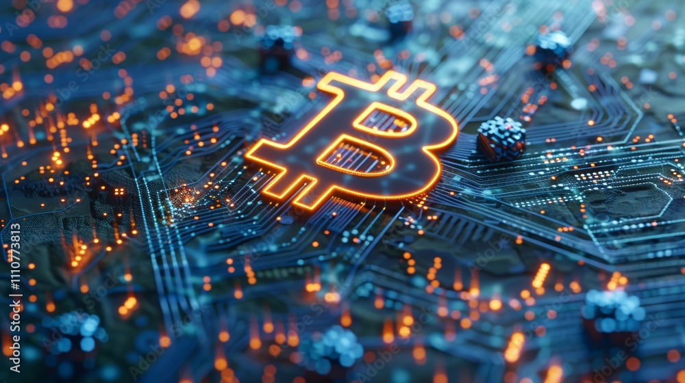 Fototapeta premium photograph of orange bitcoin symbol on blue network lines dark background digital currency concept blockchain technology fintech industry