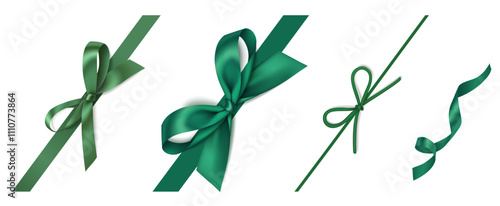 Set of wonderful diagonally decorative Christmas green bow, swirl ribbon isolated on white. Beautiful new year corner decoration for your wrapping design. Vector stock illustration.