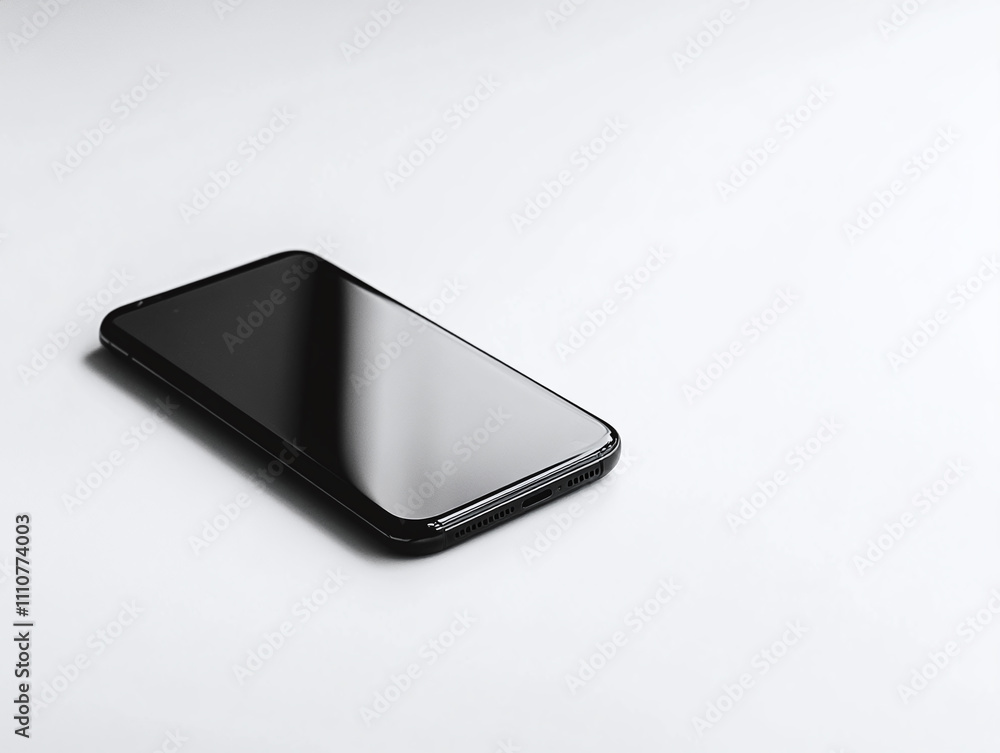 A sleek black smartphone, screen lit up, on a clean white surface A sleek black smartphone, screen lit up, on a clean white surface