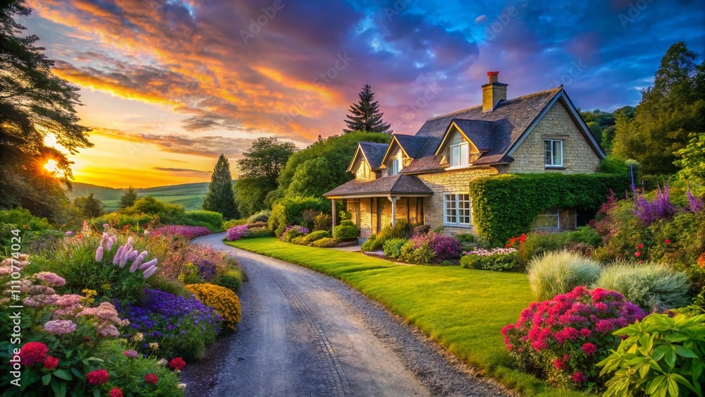 Serene Summer Landscape Featuring a Country House and Guest House Under a Clear Blue Sky Along a Picturesque Country Road Serene Summer Landscape Featuring a Country House and Guest House Under a Clear Blue Sky Along a Picturesque Country Road