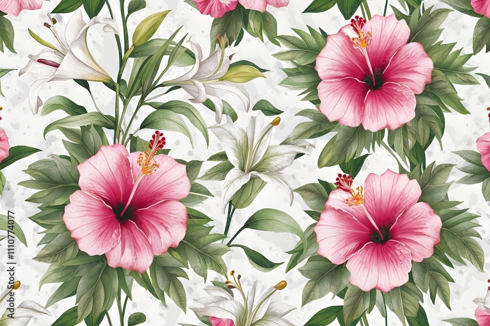 Obraz premium Watercolor leaves and flowers, botanical illustration. Floral seamless pattern. 