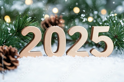 Festive new year 2025 scene with snowflakes and pinecones