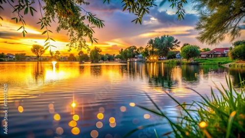 Serene Sunset at Water Ranch Lake in Gilbert with Bokeh Effect Highlighting Reflections and Nature's Beauty photo