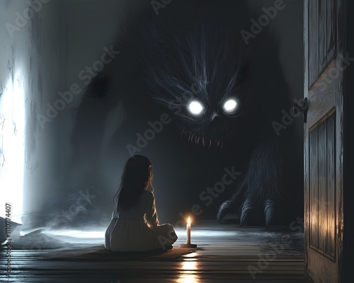 Mysterious encounter between a girl and a shadowy creature in a dimly lit room at night photo